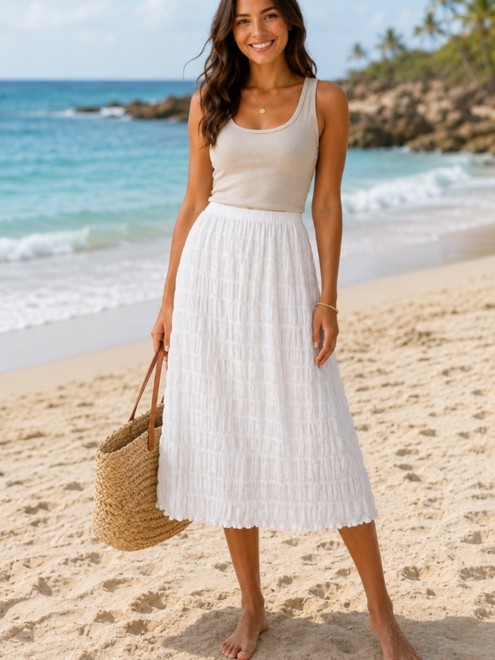 Jopna white crinkle 100% cotton tiered midi skirt S elastic waist coastal beach